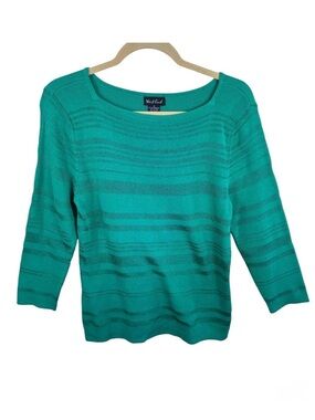 West End Womens Green Textured Stripe Boat Neck 3/4 Sleeve Knit Top Size Medium